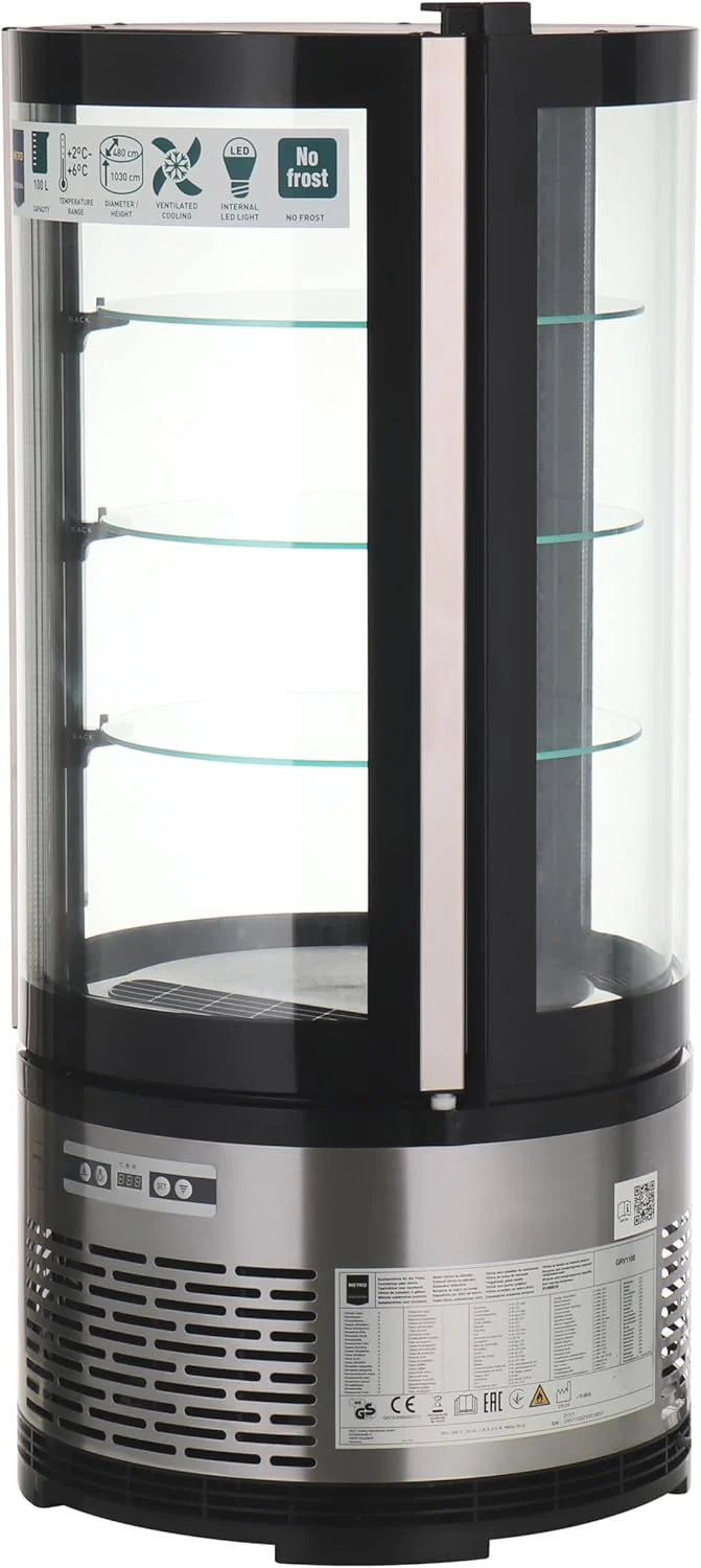 METRO Professional Kuchen-Vitrine GRV1100. Gastro. Edelstahl/Glas. 100 L. Umluftkühlung. 490W. Temperaturanzeige. automatisches Abtauen. rund. silber.