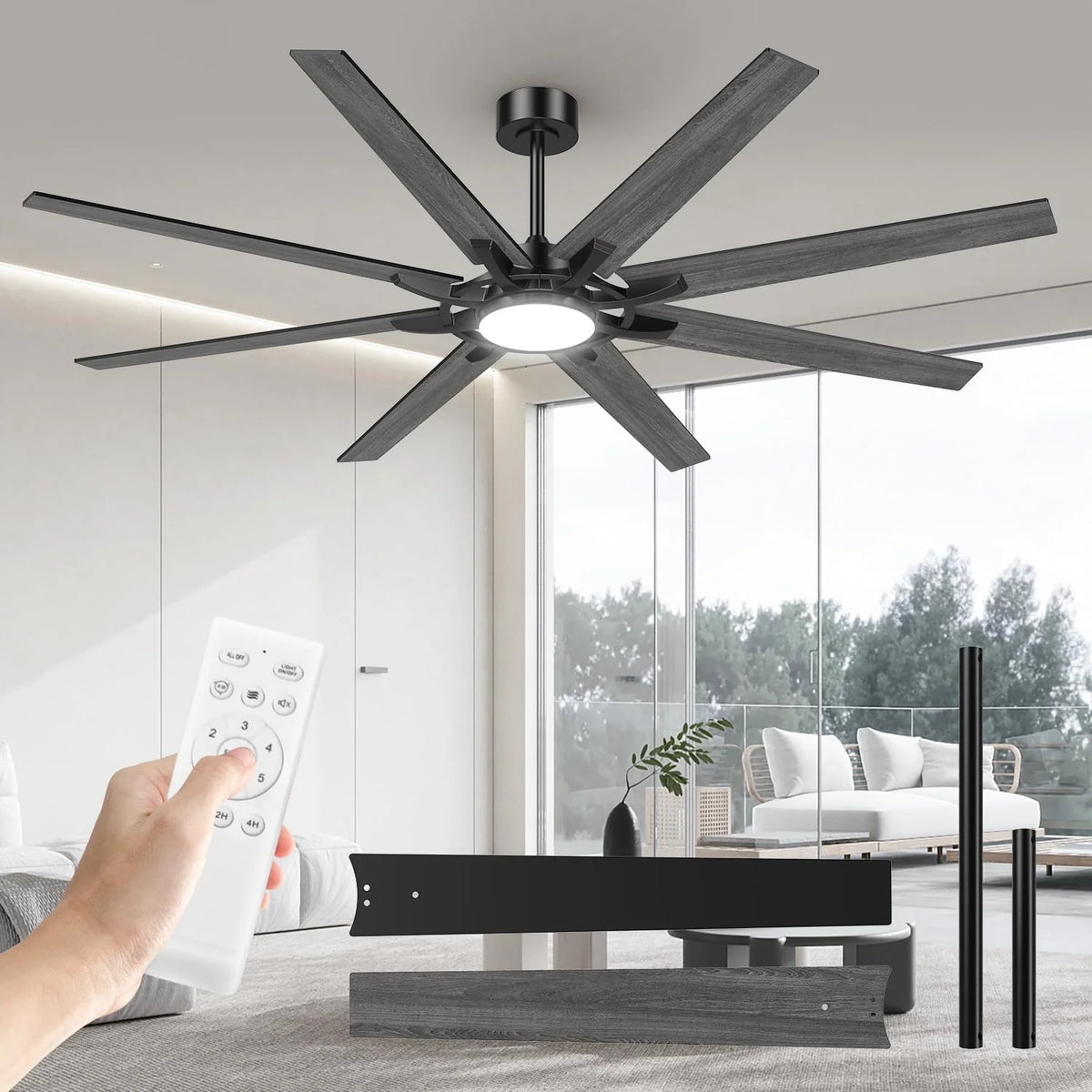 Airwit 183cm Deckenventilator mit Beleuchtung Extra Groß. Verbundholz Outdoor Leise Deckenventilator mit Licht und Fernbedienung. Lampe mit Ventilator