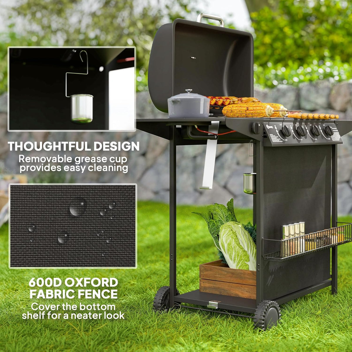 4+1 Burner Propane Gas BBQ Grill. Portable Gas Barbecue Grill with Side Burner. Thermometer. Lid. Side Table. Shelf. Spice Rack. Wheels. Grease Cup for Garden. Black