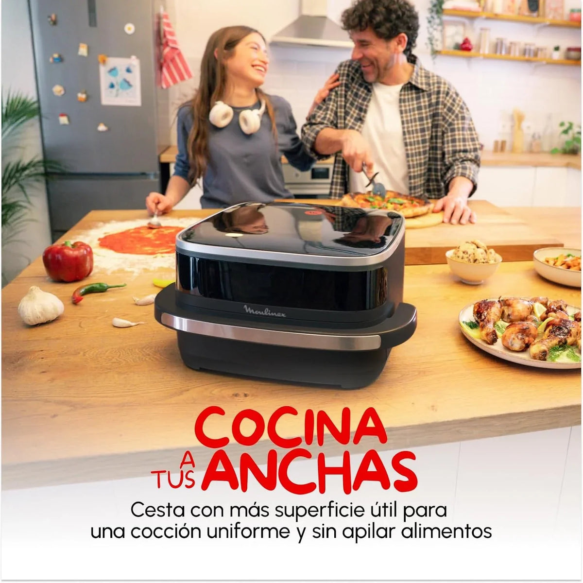 Moulinex Freidora de Aire Easy Fry XL Surface. 2200 W. Doble Resistencia. Cocción Uniforme. Cesta Ancha. 10 Programas Automáticos. Horno para Pizzas.