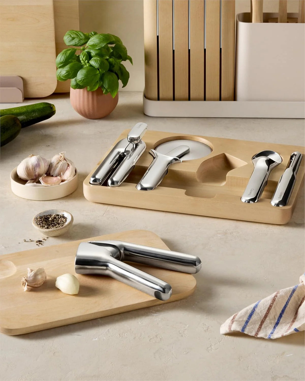 Kitchen Tool Set - Five-piece essential kitchen items - Made of stainless steel - Includes can opener. pizza cutter. garlic press. ice cream scoop. vegetable peeler and storage organizer box