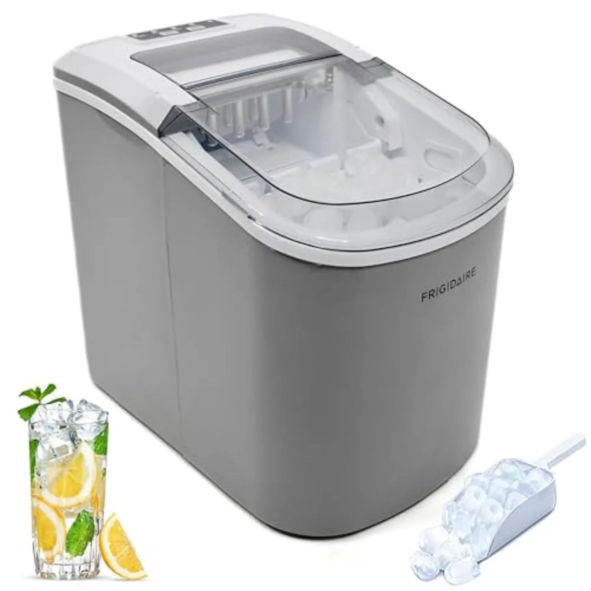 Compact desktop ice machine. capable of producing 26 pounds of ice per day. black color