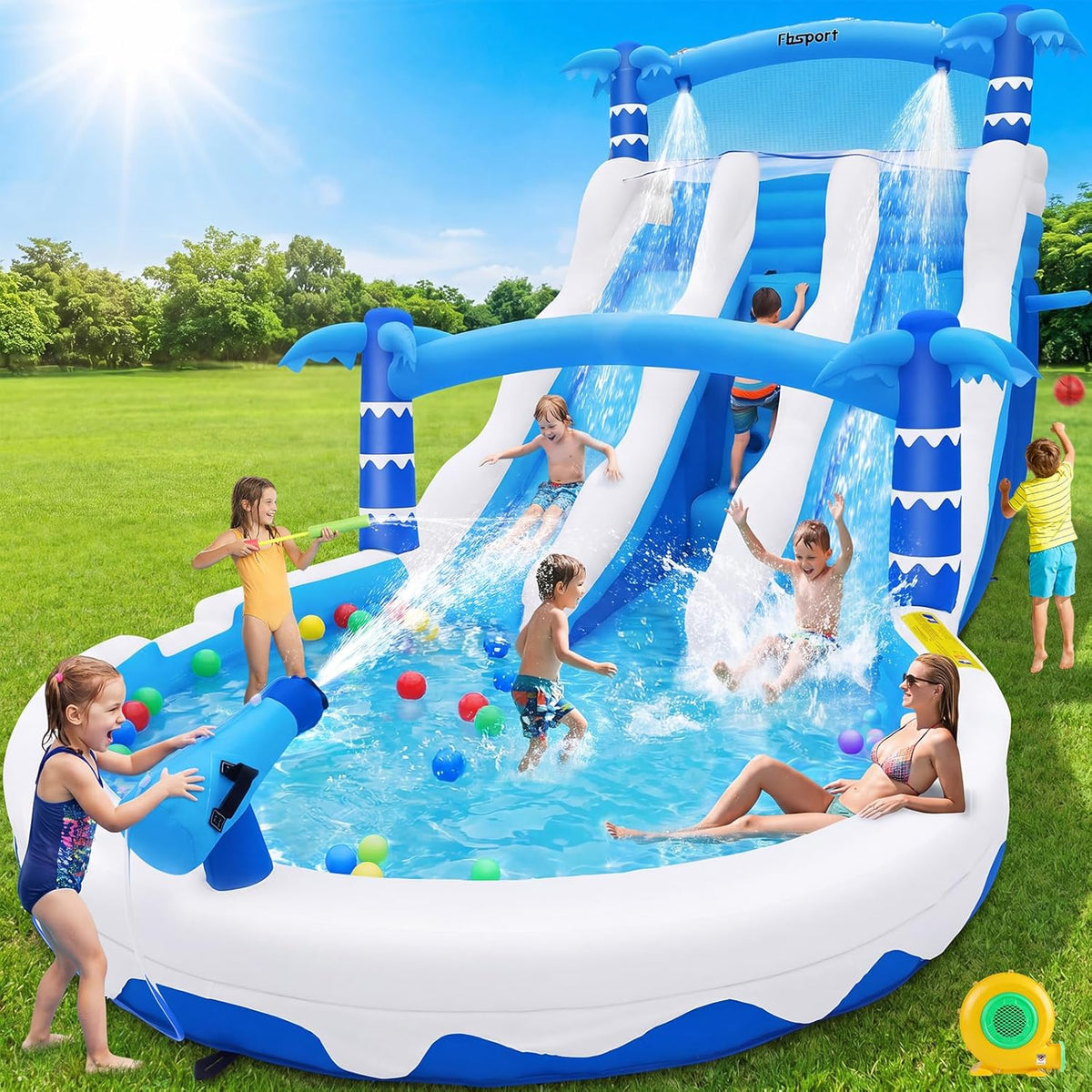 Hüpfburg XXL mit 2 Wasserrutsche für Gewerblichen Erwachsene & Kinder. Aufblasbare Bouncy Castle für Indoor Outdoor mit Gebläse Größe Pool Rutsche