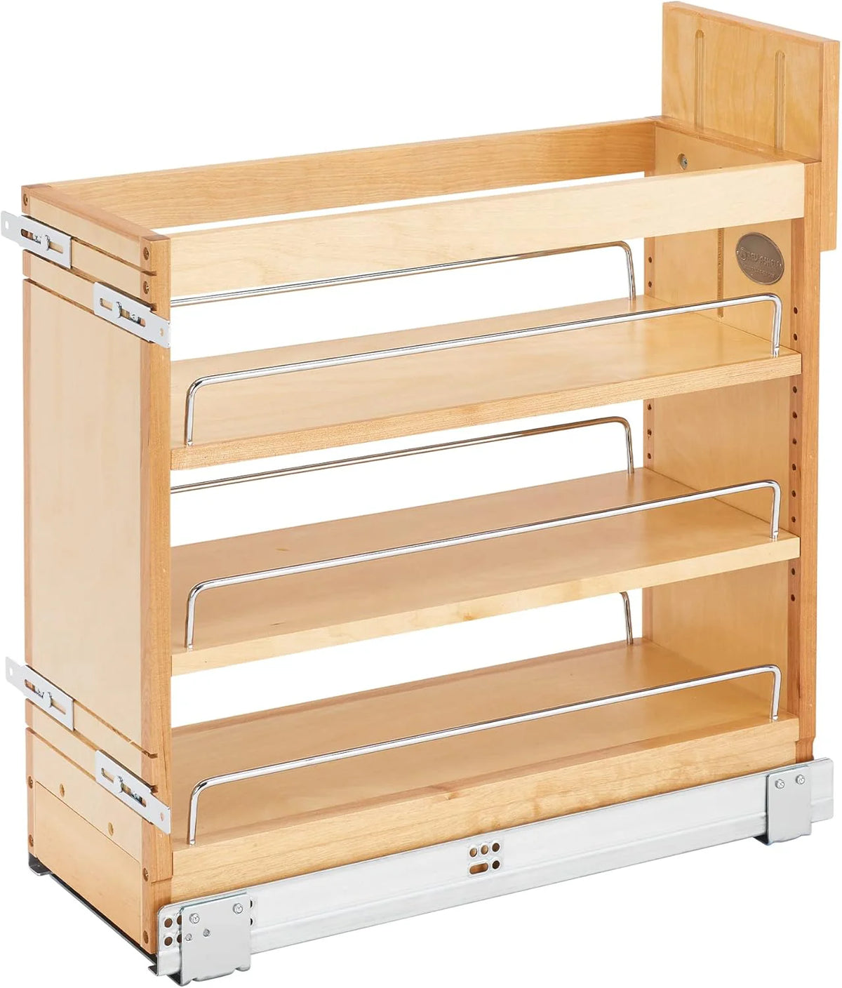 5-inch pull-out storage rack. suitable for bottom cabinets in kitchens/bathrooms. with a soft-closing slide rail for a spice rack/food storage rack. made of wood material