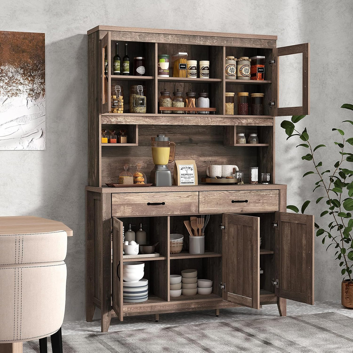 78.5-inch high kitchen cabinet storage unit. large storage cabinet with glass doors. equipped with drawers and adjustable shelves. The wooden kitchen storage unit has a microwave shelf. suitable for a home coffee bar.