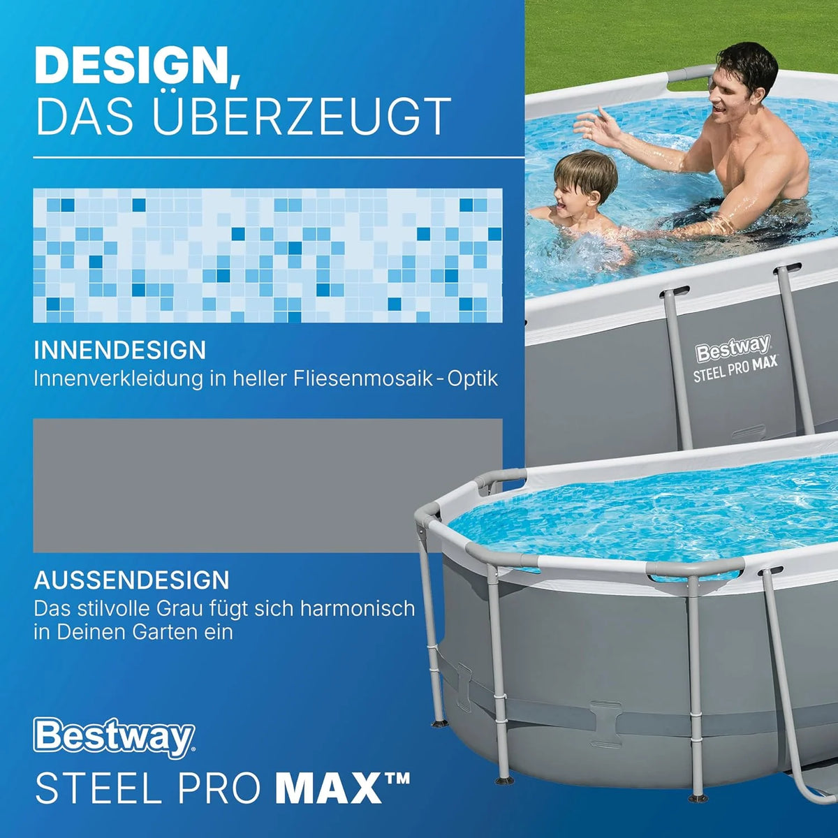 Bestway Power Steel Frame Pool Set mit Filterpumpe 305 x 200 x 84 cm. grau. oval