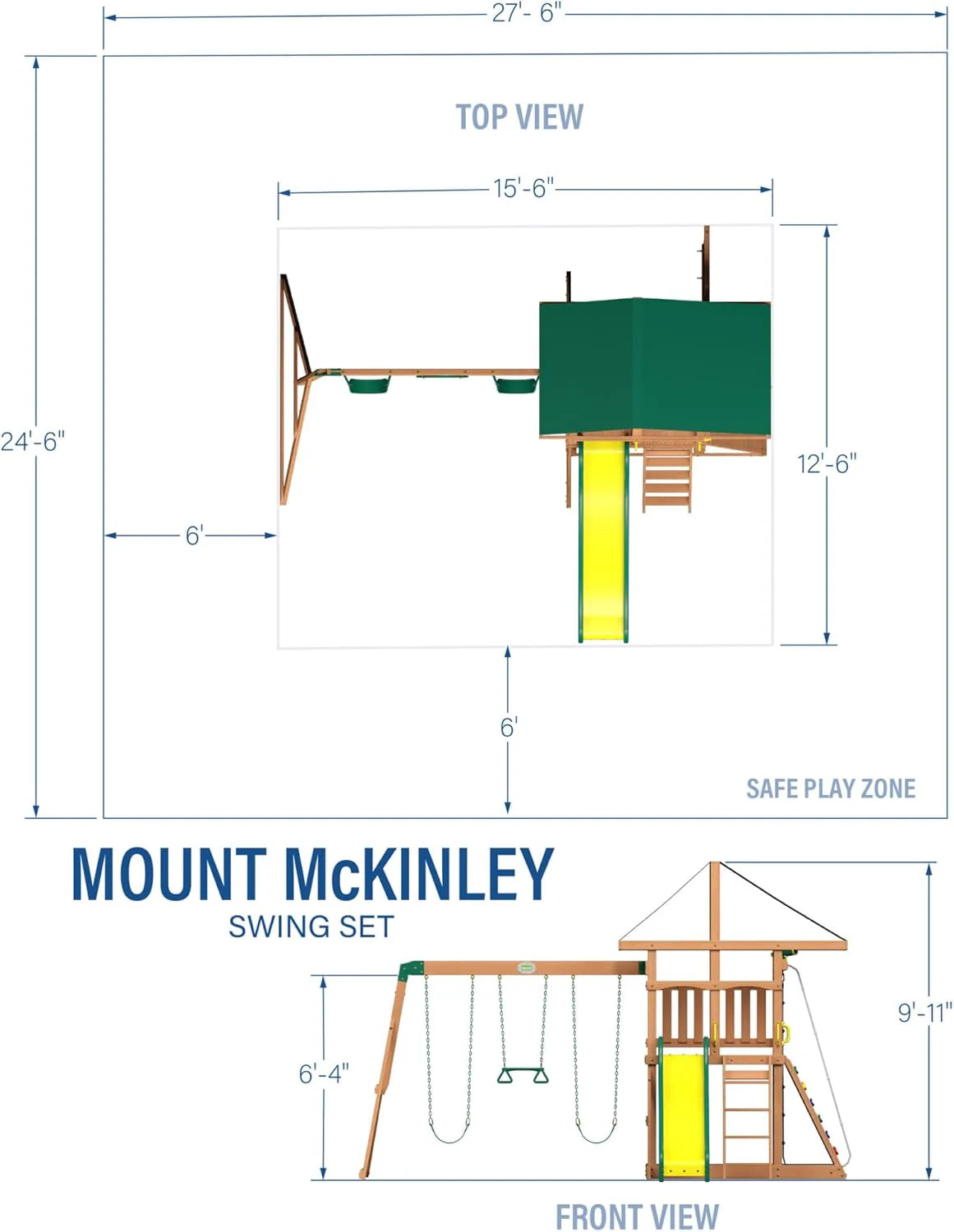 Cedar Wood Swing Set with Wave Slide. Play Deck. Double Rock Wall. Rope Ladder. Web Swing. Belt Swings. Toy Telescope. Steering Wheel. Sandbox Area. Outdoor Playset