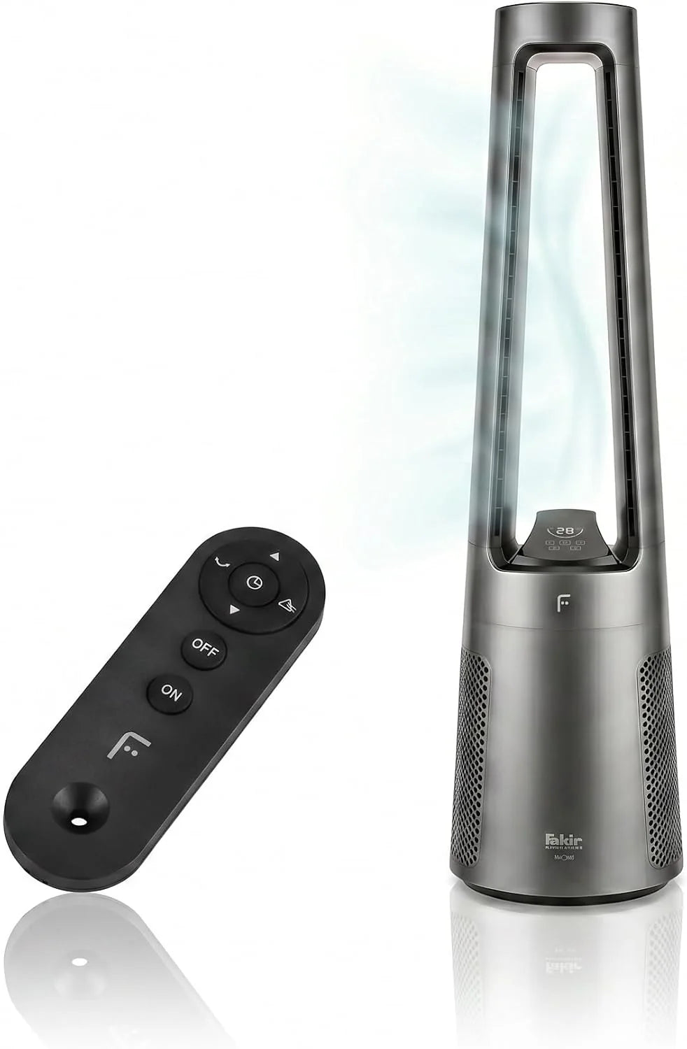 Fakir TVL 100 Flügelloser Turmventilator - DC-Motor. 12 Lüfterstufen. 30 dB(A). 60° Oszillation. 12h Timer. LED Touch Display. Fernbedienung.