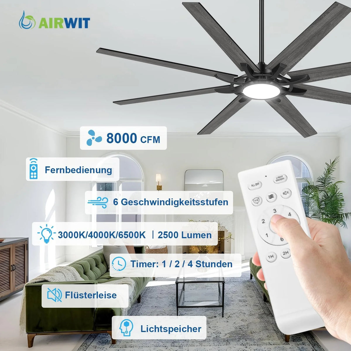 Airwit 183cm Deckenventilator mit Beleuchtung Extra Groß. Verbundholz Outdoor Leise Deckenventilator mit Licht und Fernbedienung. Lampe mit Ventilator