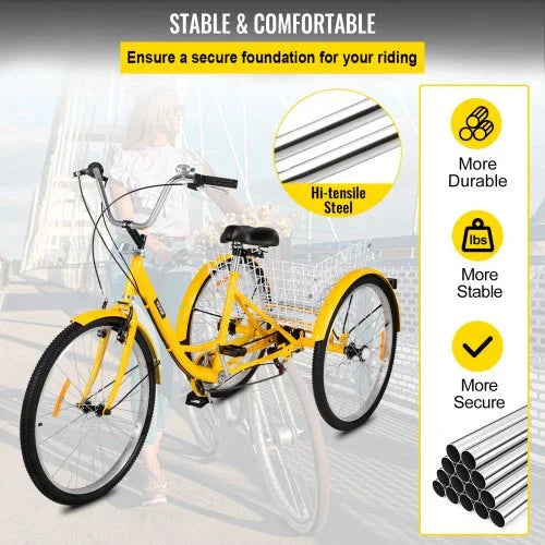 2025 Triciclo para adultos de 26 pulgadas. 7 velocidades. triciclo con canasta para paseos y compras