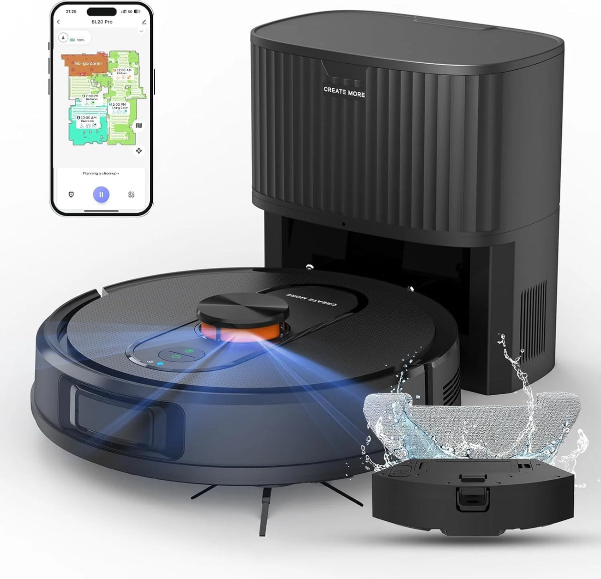 Robot Vacuum and Mop with Self-Emptying. 5000Pa Robotic Vacuum with LiDAR Navigation. Mapping. 60-Day Hands-Free Cleaning. No-Go Zones.Wi-Fi/App/Alexa Control. Ideal for Pet. Hard Floors. Carpet