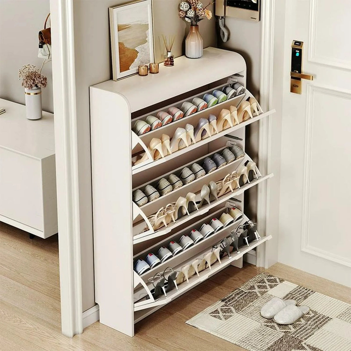 Narrow white artificial wooden shoe cabinet with door. modern entrance shoe rack. standalone hidden shoe cabinet