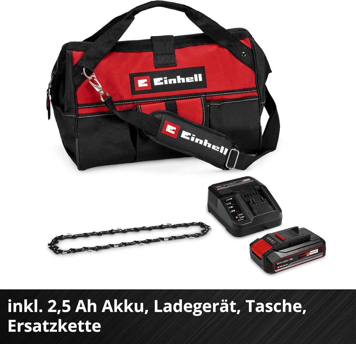 Einhell Akku-Astkettensäge GE-PS 18/15 Li Bag Kit Power X-Change (18 V. Brushless. 12.5 cm Schnittlänge. inkl. 2.5 Ah Akku. Ladegerät. Ersatzkette.