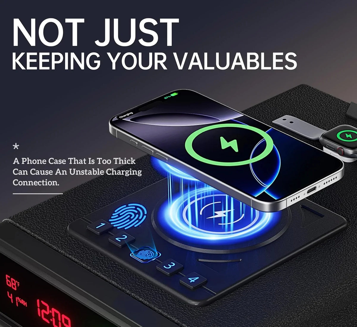 Smart Biometric Safe with Wireless Charging for Phone & Watch. 3 Access Methods to Unlock. Nightstand Drawer Safe LED Display with Humidity & Temperature Monitoring. Stopbox for Cash and Valuables