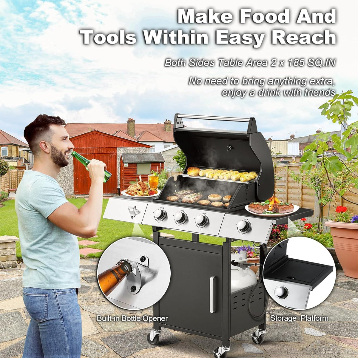 4-Burner Propane Gas Grill with Cast Iron Grates. Side Stove and 44.000 BTU Stainless Steel Burners
