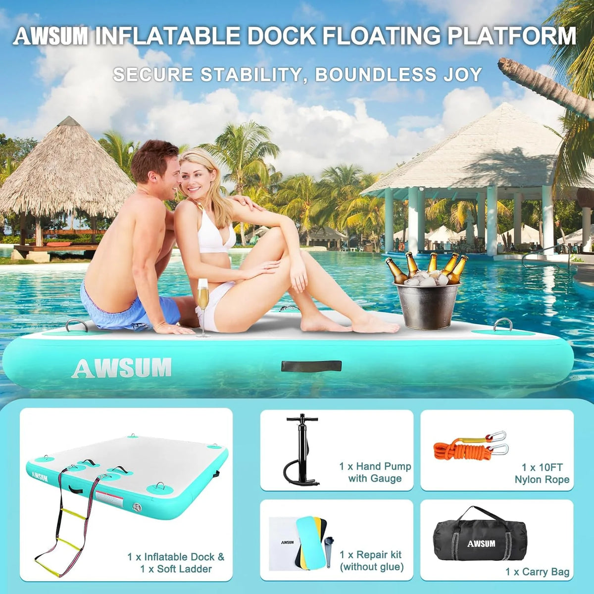 Inflatable Floating Dock Air Dock Platform Floating Island Raft with None-Slip Surface for Pool Beach Ocean