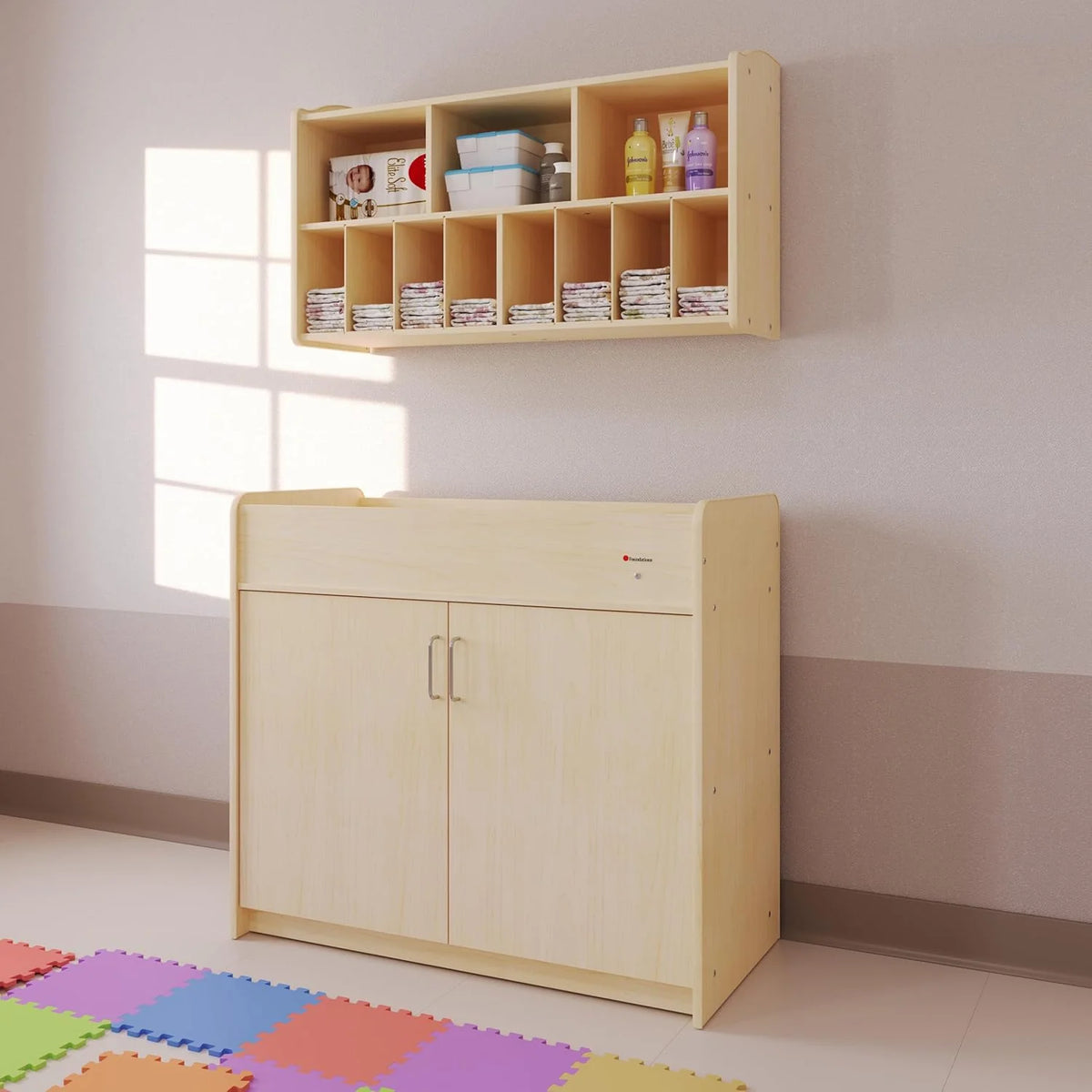 Foundations Wall- Mounted Diaper Organizer for Daycares. 3 Large & 8 Small Storage Compartments. Wood Construction. Maximum Durability