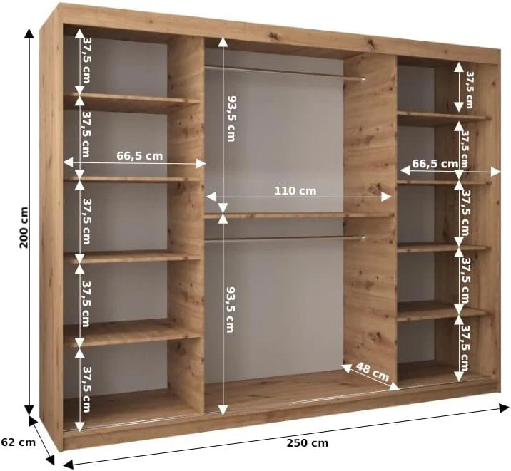 ABIKSMEBLE York 1 250 Armario 2 Puertas Correderas para Dormitorio - Armario Moderno con Espejo. Barra y Estantes - 250x200x62 cm (Ancho x Alto x