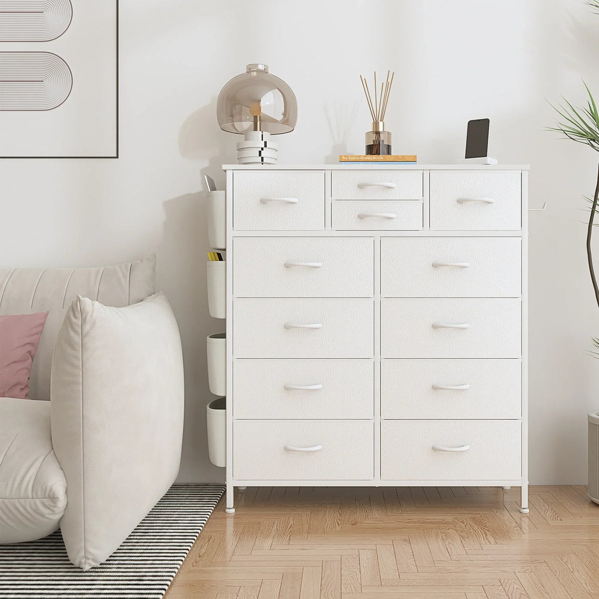 12 Drawer Fabric Dresser. Tall Bedroom Chest of Drawers with Storage
