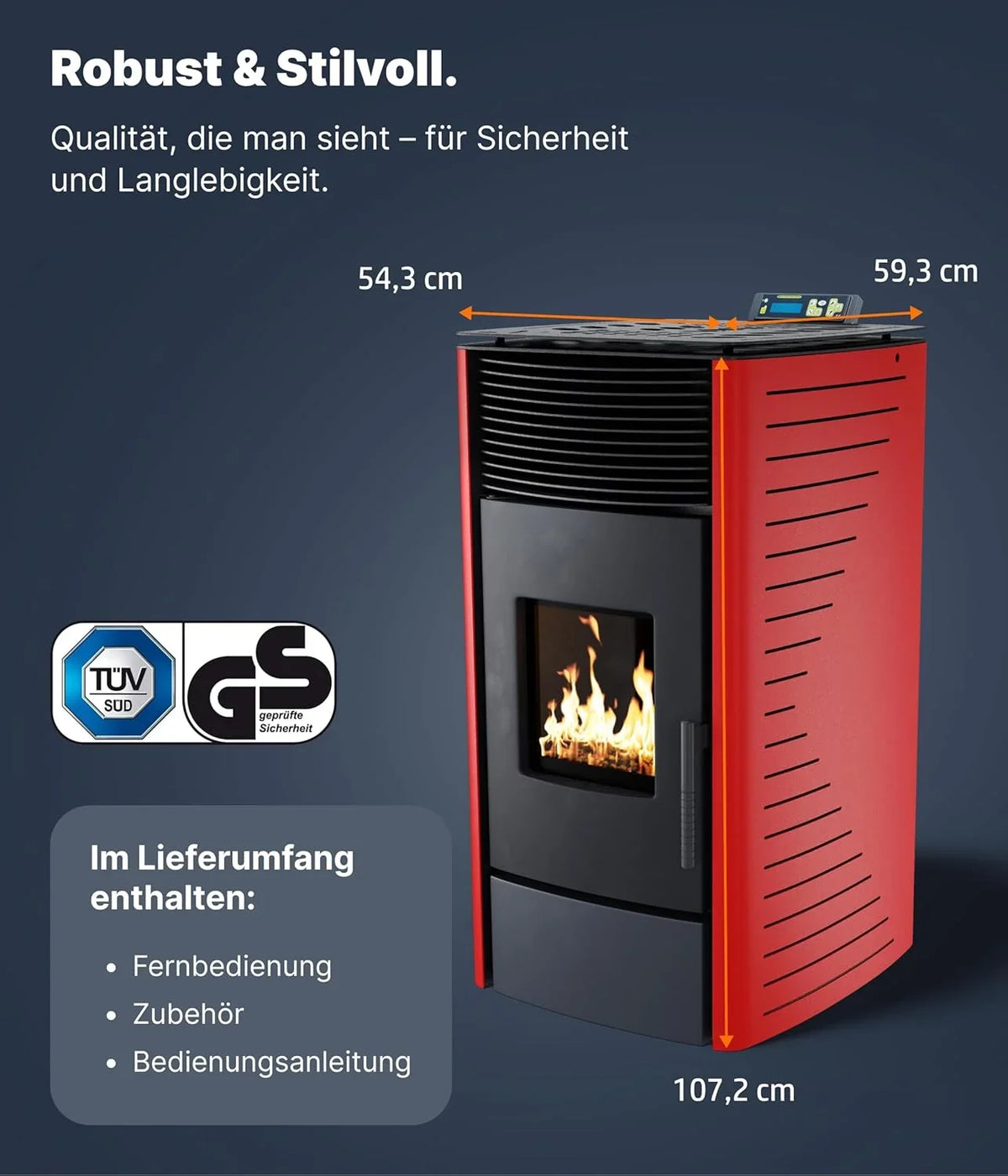 NEMAXX P12 Pelletofen 13.6 kW A+ bis 300 m³ – Auto-Reinigungszyklus. ECO-Modus. Wochenprogramm & mechanische Reinigungsunterstützung – Rot