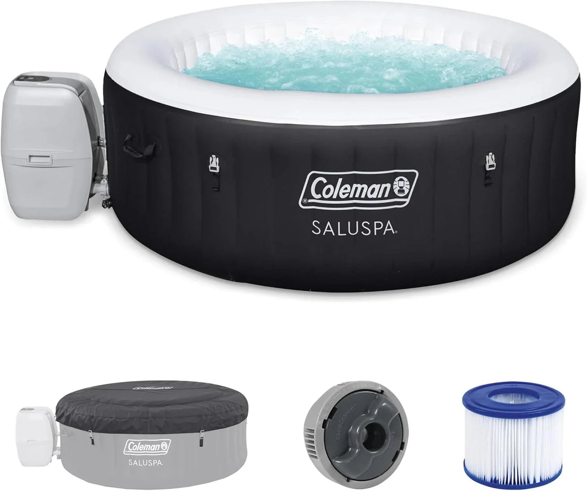 2-4 Person Inflatable Hot Tub. Portable Round Outdoor Spa with 120 Soothing Air Jets and Insulated Cover. Black