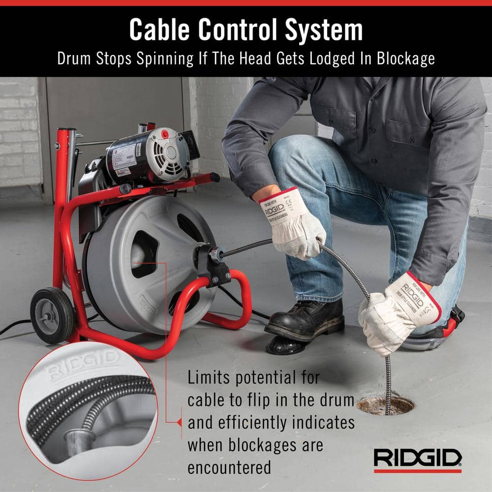 120V Drum Drain Cleaning Snake Auger with 3/8-In. x 75-Ft. Cable. 4-Piece Tool Set and Gloves