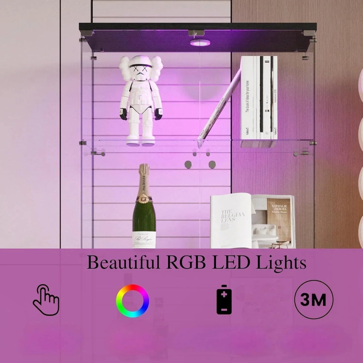 Vitrina Cristal Expositora con Luz. Puerta Cerradura. 4 estantes - Grande Vitrina de Colecciones.Vitrina de pie para Sala Oficina(Espalda Espejo)