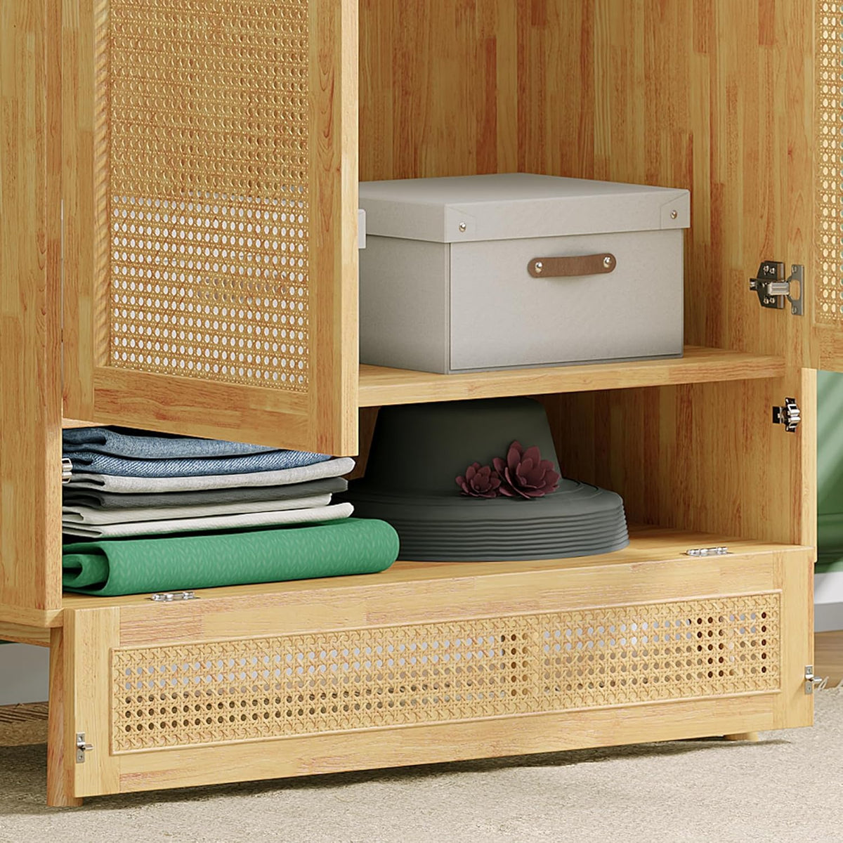 Soweiz Armario con barra. armario de 2 puertas. dormitorio. red de ratán. sala de estar. con tapa inferior abatible. tableros de partículas+ratán de