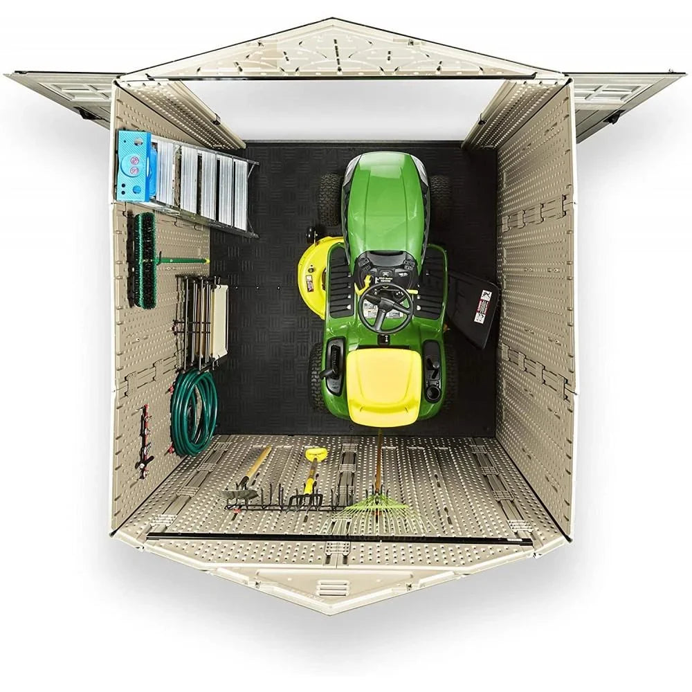 7 x 7-Ft. Resin Outdoor Garden Storage Shed with Windows and Utility Hooks. Sand