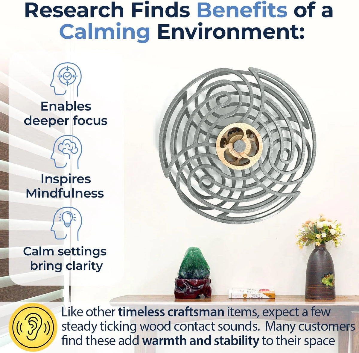 Mindsight Moving Kinetic Wall Art - Wind up to power peaceful motion (no battery) - Calming Wall Décor for Living Room. Office. Bedroom. Kitchen - Hand Crafted Wood - Ripple. Canyon Brown