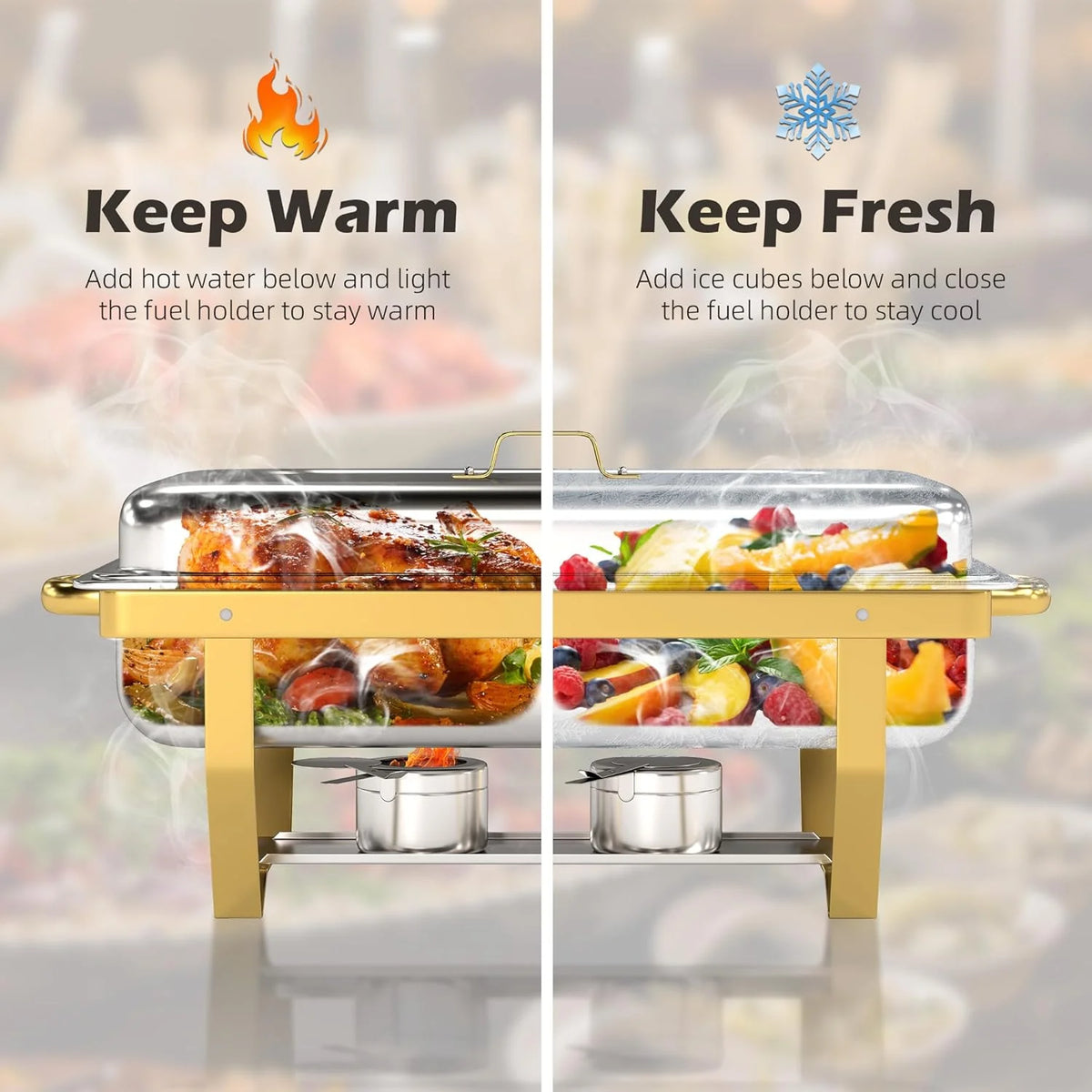 4 Pack Stainless Steel Chafing Dishes for Buffet. 9 QT Capacity 7 Pans Food Warmers for Parties. Weddings. Events Hosting. Family Gatherings. Full Set Catering Server with Serving Utensils Accessories
