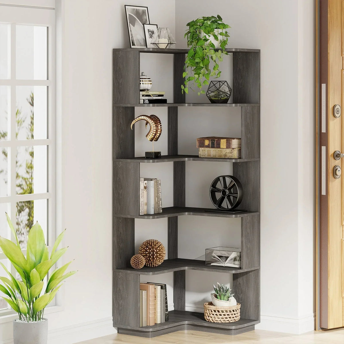 64.9 Inch Tall 6-Tier Corner Bookshelf. Freestanding Wood Industrial Bookcase