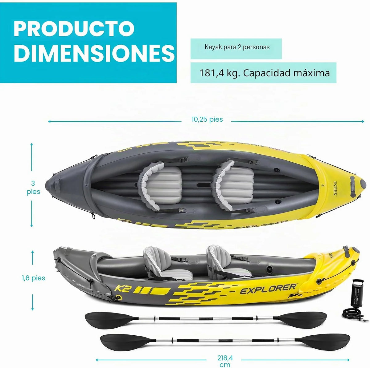 Intex Explorer K2 Kayak. 2-Person Inflatable Kayak Set with Aluminum Oars and High Output Air Pump