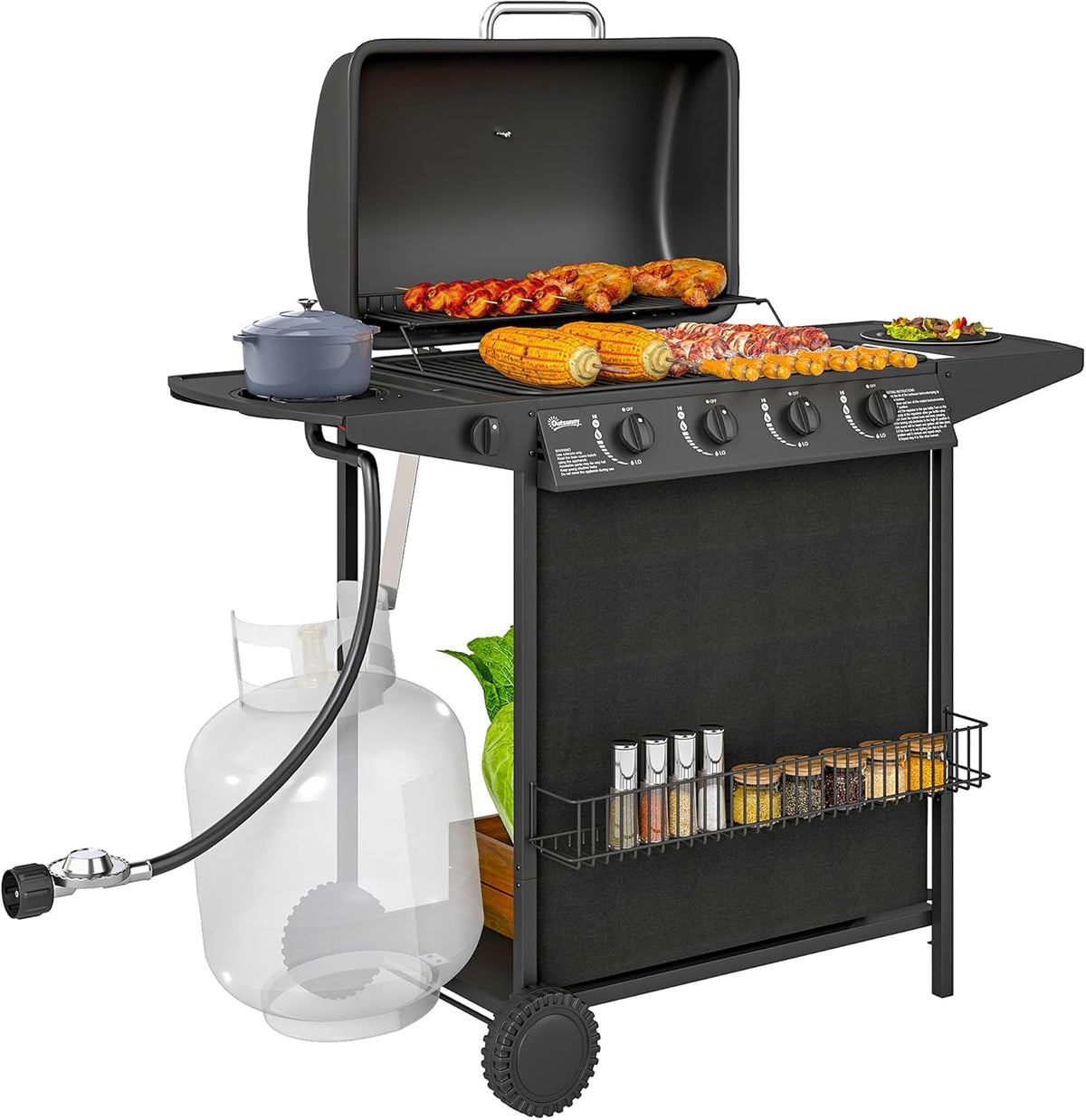 4+1 Burner Propane Gas BBQ Grill. Portable Gas Barbecue Grill with Side Burner. Thermometer. Lid. Side Table. Shelf. Spice Rack. Wheels. Grease Cup for Garden. Black