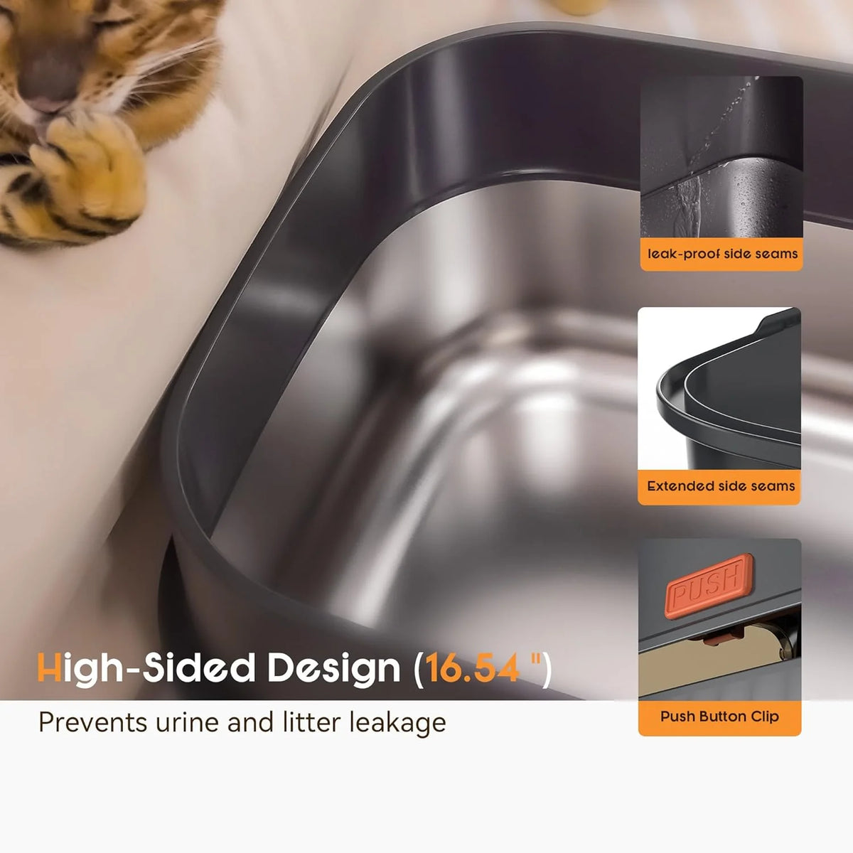 Stainless steel litter box. three-in-one enclosed high-sided litter box. equipped with a high lid. suitable for cats. anti-stick. anti-leak. easy to clean. with a scoop and filter step.