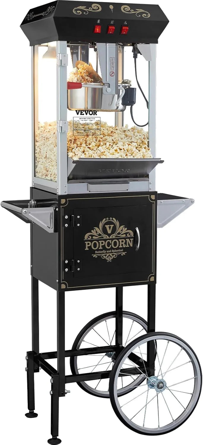 Popcorn machine. 12-ounce pot capacity. 1440-watt countertop popcorn machine. can produce 80 cups per batch. cinema-style popcorn machine. equipped with 3 switches for control. steel frame. tempered glass door. 1 pot. 2 spoons. red version