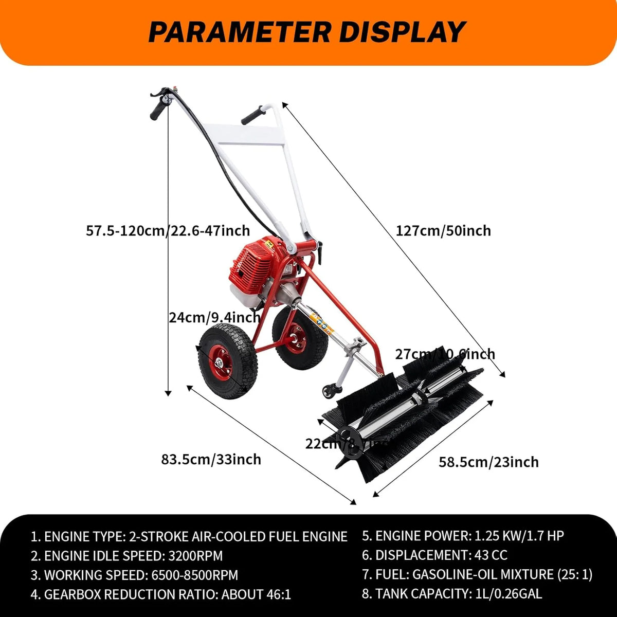 43cc 1.7HP Gas Powered Broom. 2 Stroke Power Sweeper Handheld Gasoline Power Broom Sweeping Machine for Garden Lawn Yard Sidewalk Driveway Turf Grass Cleaning. 600mm Nylon Brush Sweeping broom