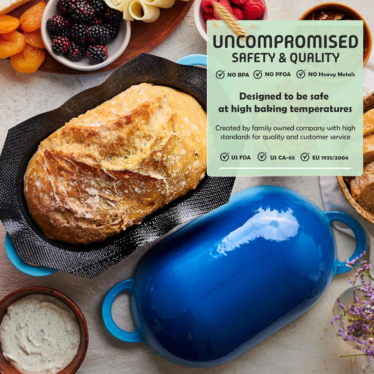Super Simple Craft Bread Set. Cast iron Dutch oven [compact 2-bowl capacity] and perforated non-stick silicone liner.