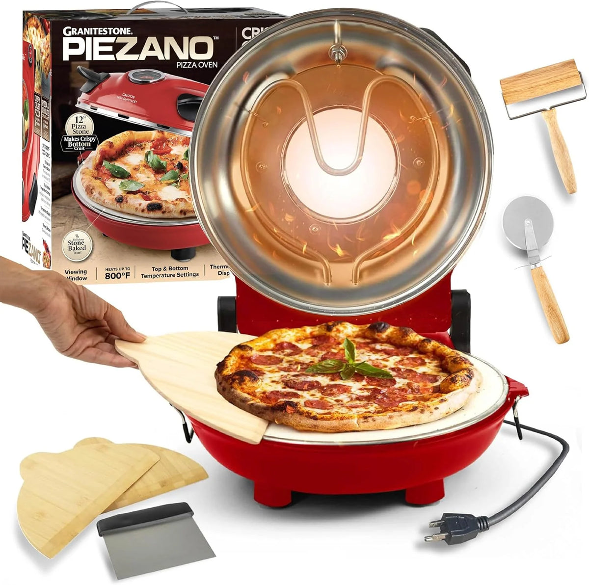 Pizza oven. with pizza cutter and dough roller. 12-inch portable indoor electric oven. 12-inch indoor pizza oven