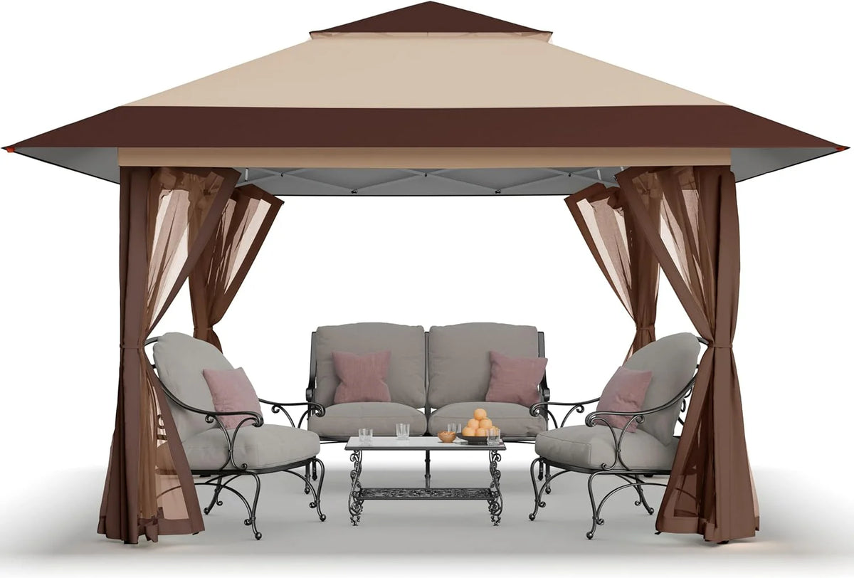 CROWN SHADES 13x13 Pop Up Gazebo. Canopy Tent. Gazebos on Clearance - Outdoor Gazebo for Backyard & Patio Furniture - Carpa Pop Up Tent with Wheeled STO-N-Go Cover Bag (Beige & Coffee)