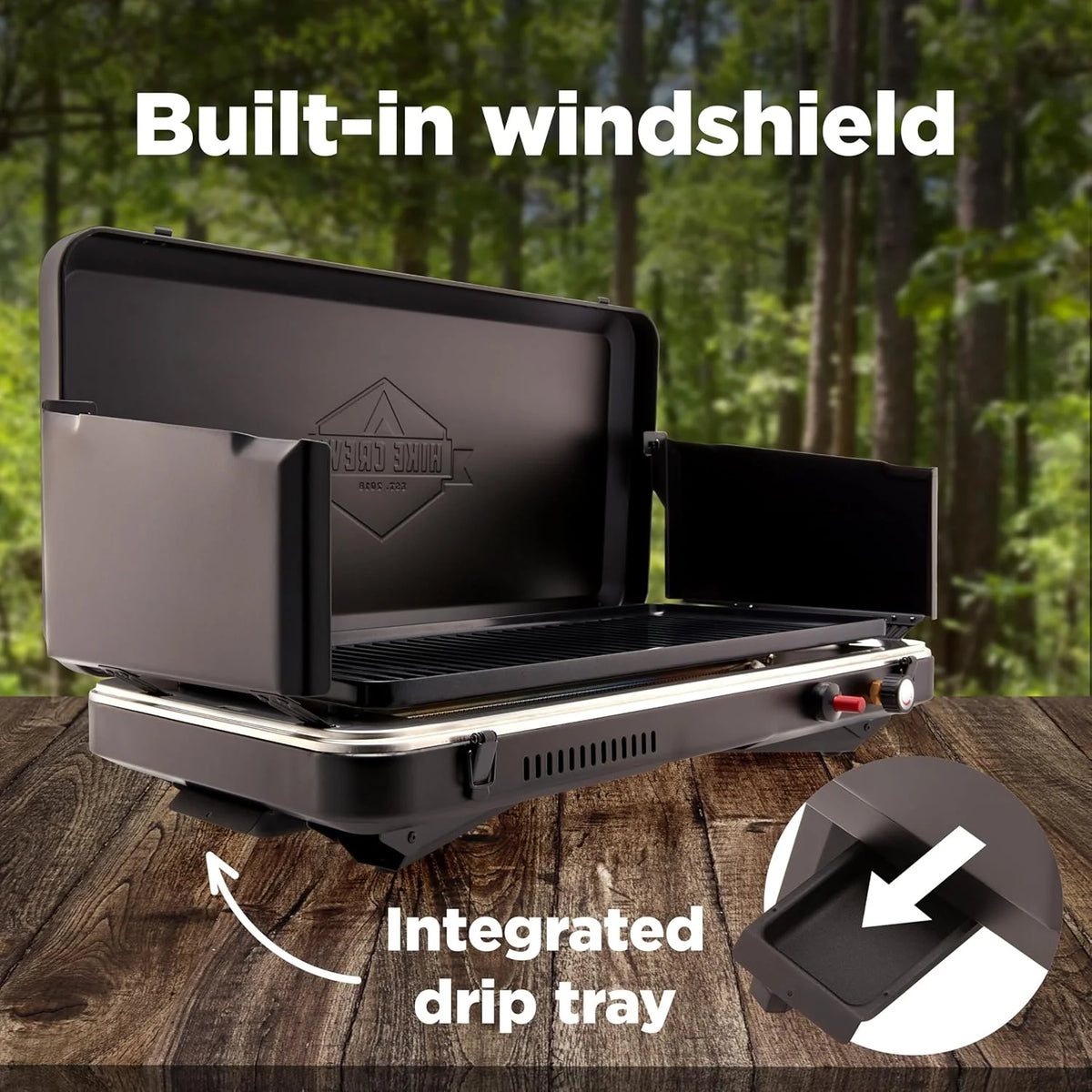 Gas camping barbecue grill | 13.000 watts | Portable liquefied gas burner | Foldable legs and feet | Integrated igniter and built-in regulator (with stainless steel drip tray) | Windproof panel and built-in handle