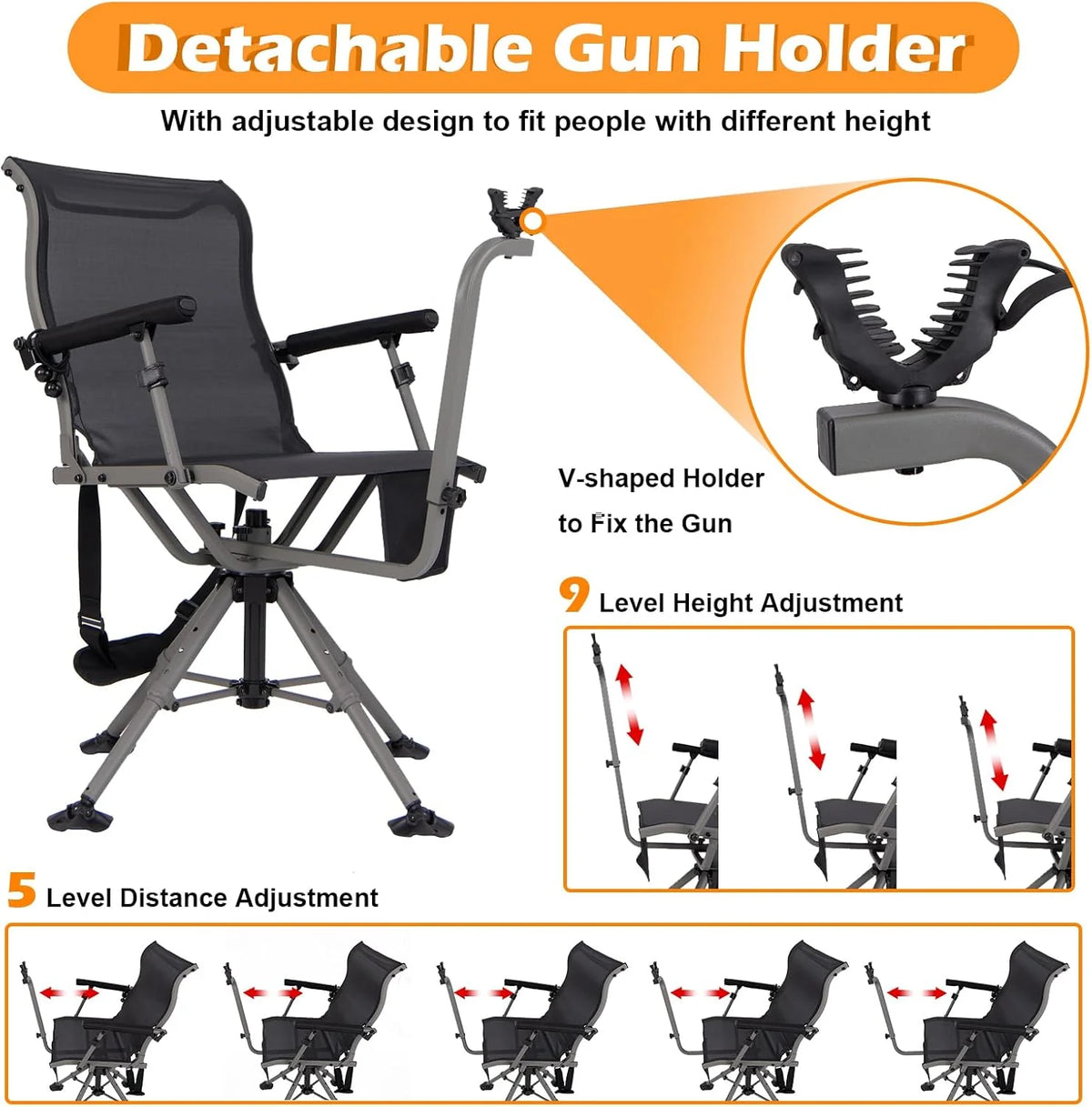360° rotatable hunting seat. equipped with 4 extendable aluminum legs. adjustable gunstock. portable hunting shelter chair. equipped with carrying straps for outdoor activities.
