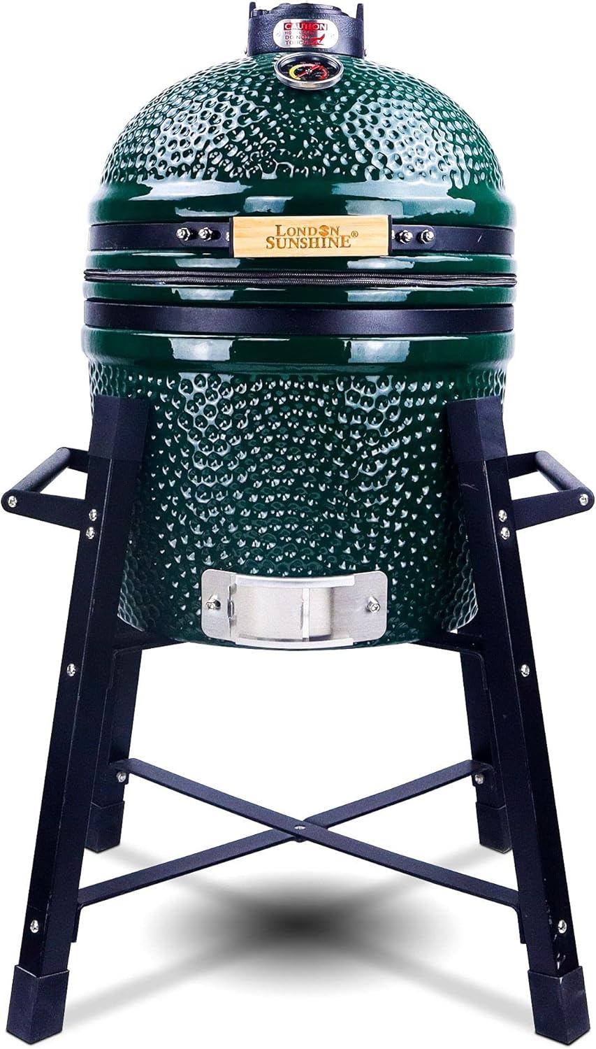 Ceramic Kamado Charcoal BBQ Grill and Smoker. Stainless Steel Grates -15 Ceramic with Tall Stand (GREEN)