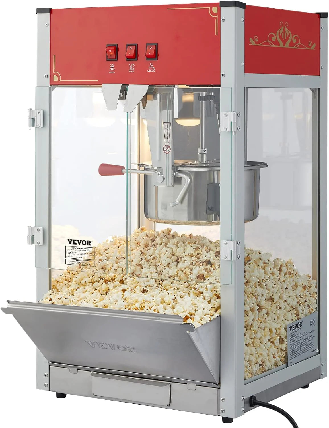 Popcorn machine. 12-ounce pot capacity. 1440-watt countertop popcorn machine. can produce 80 cups per batch. cinema-style popcorn machine. equipped with 3 switches for control. steel frame. tempered glass door. 1 pot. 2 spoons. red version