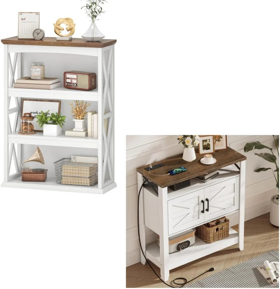 Farmhouse Sofa Table with Power Outlet-4-Tier Bookcase. 42.9 Floor Standing Organizer Shelf