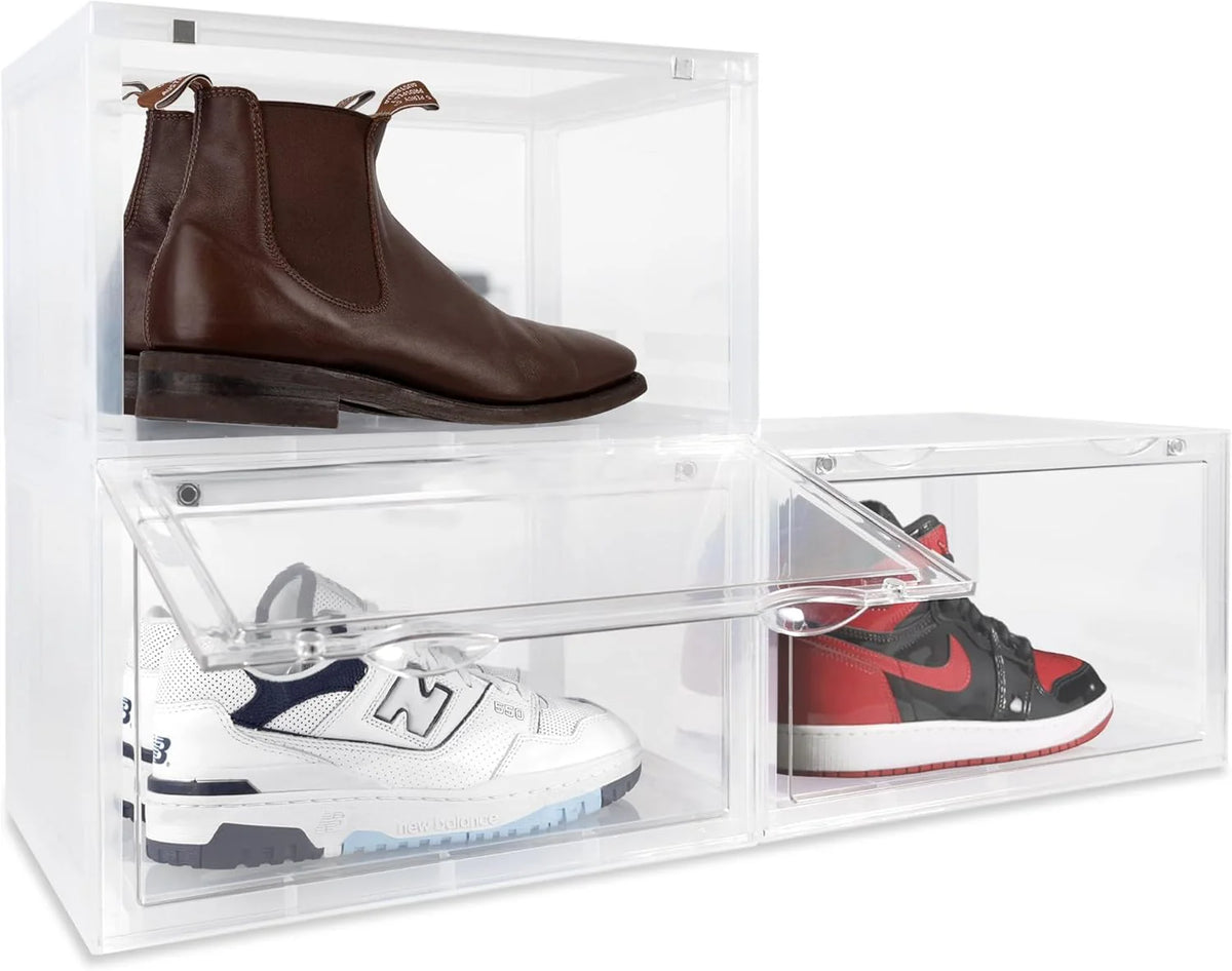 XL brand shoe storage box - Foldable and stackable shoe organizer - Black hard plastic large-capacity shoe box. suitable for shoes up to size 13 - Acrylic shoe box. suitable for Jordan. sneakers. boots (black. 24 pieces)