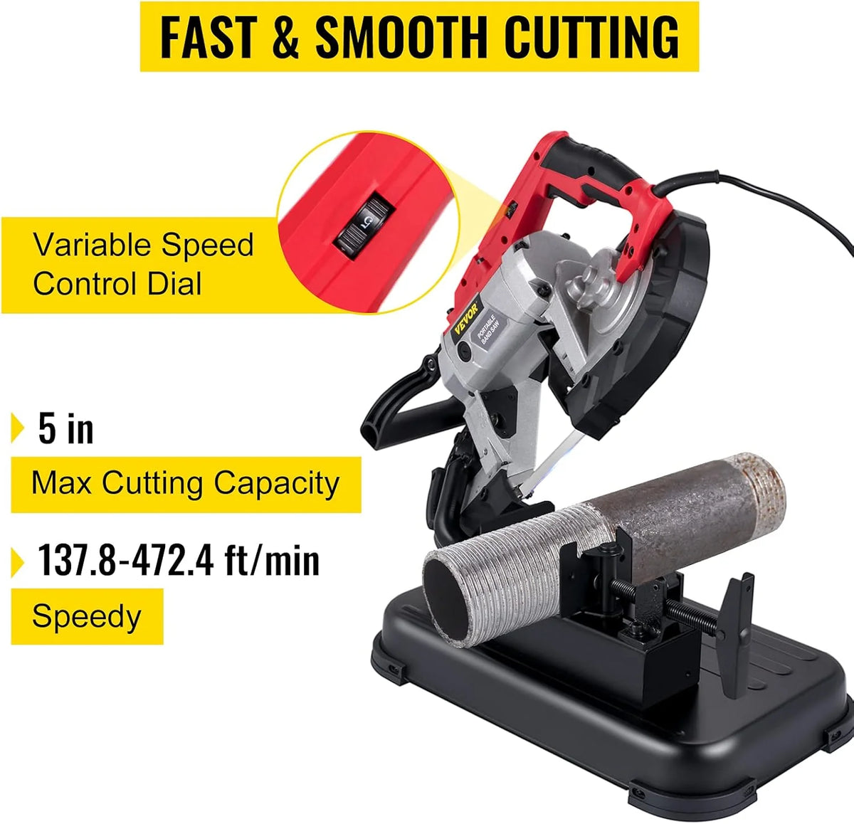 Portable Band Saw. 110V Removable Alloy Steel Base Corded Band Saw. 5 Inch Cutting Capacity Hand held Band Saw.Variable Speed Portable Bandsaw. 10Amp Motor Deep Cut Band saw for Metal Wood