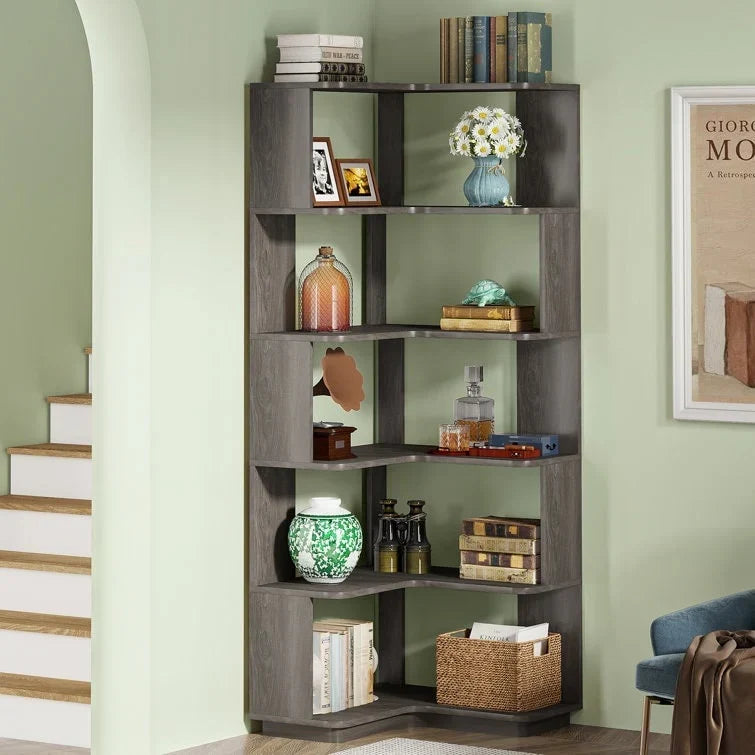 64.9 Inch Tall 6-Tier Corner Bookshelf. Freestanding Wood Industrial Bookcase