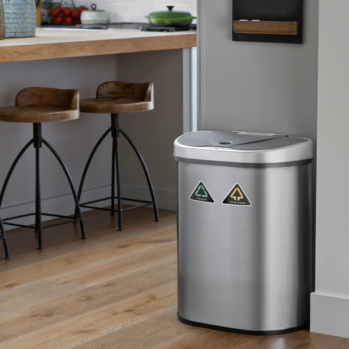 18 Gallon Dual Compartment Motion Sensor Trash Can. Automatic Hands-Free Kitchen Garbage Bin