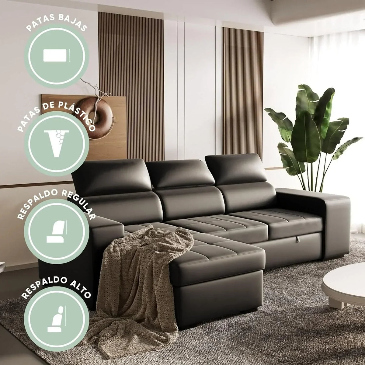 BUDWING John Sofá Cama Esquinero 4 Plazas - Chaise Longue Reversible. Reposacabezas Ajustable y 2 Pufs – Tapizado en Poliuretano – Estilo Moderno –